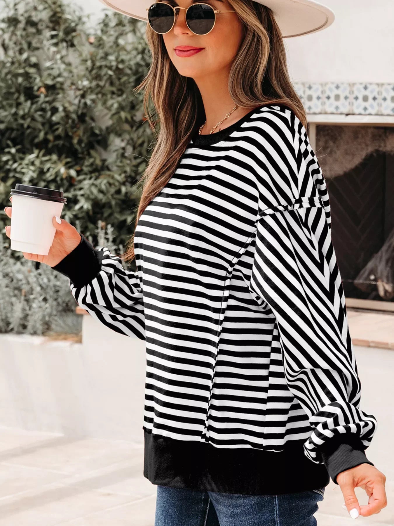 Stripe Exposed Seam Drop Shoulder Casual Pullover Top