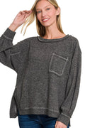 Zenana Brushed Hacci Hi-low Round Neck Knit Top