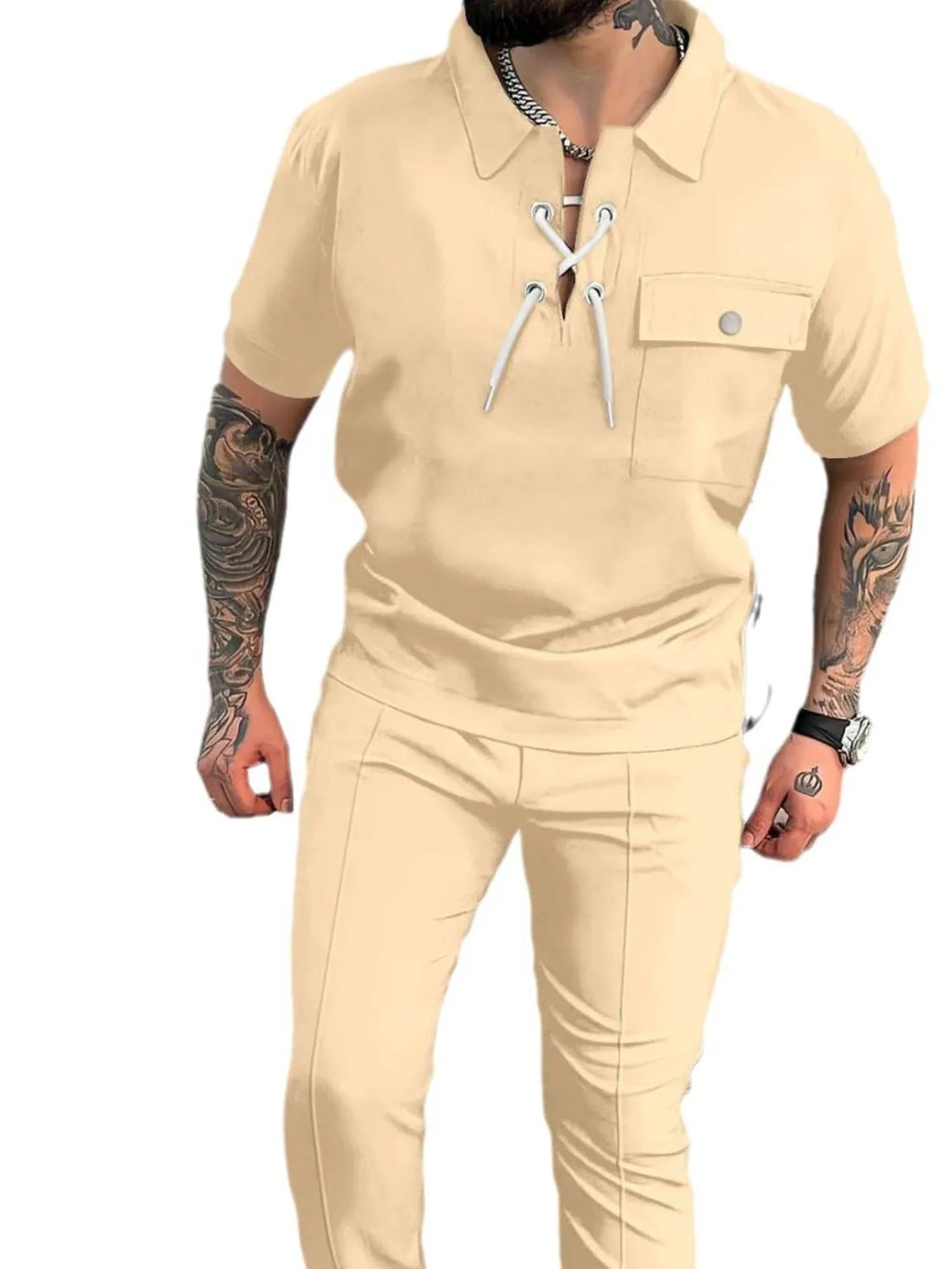 Men's Full Size Lace Up Short Sleeve Top and Pants Plus Size