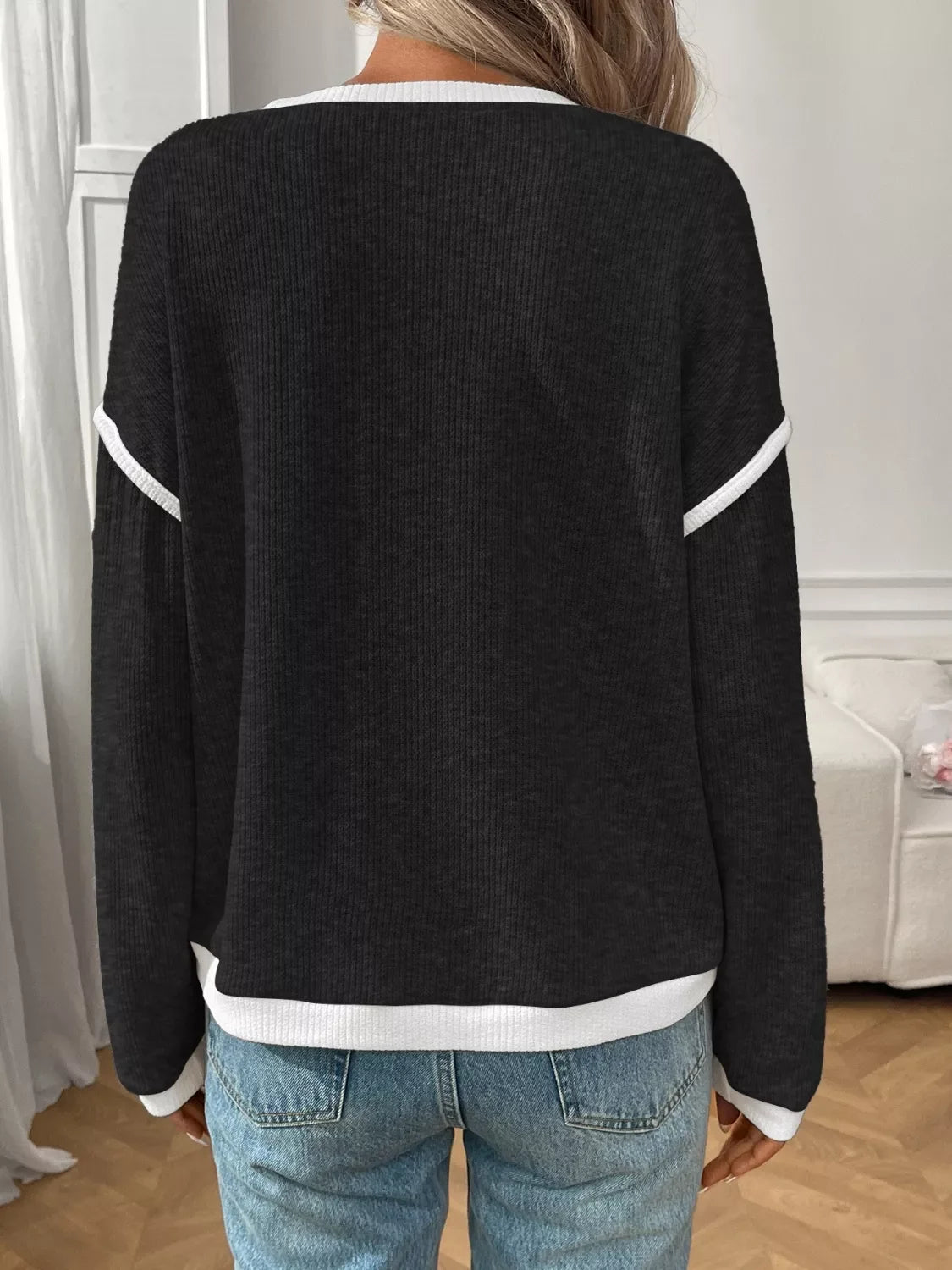 Ribbed Knit Contrast Trim Sweater