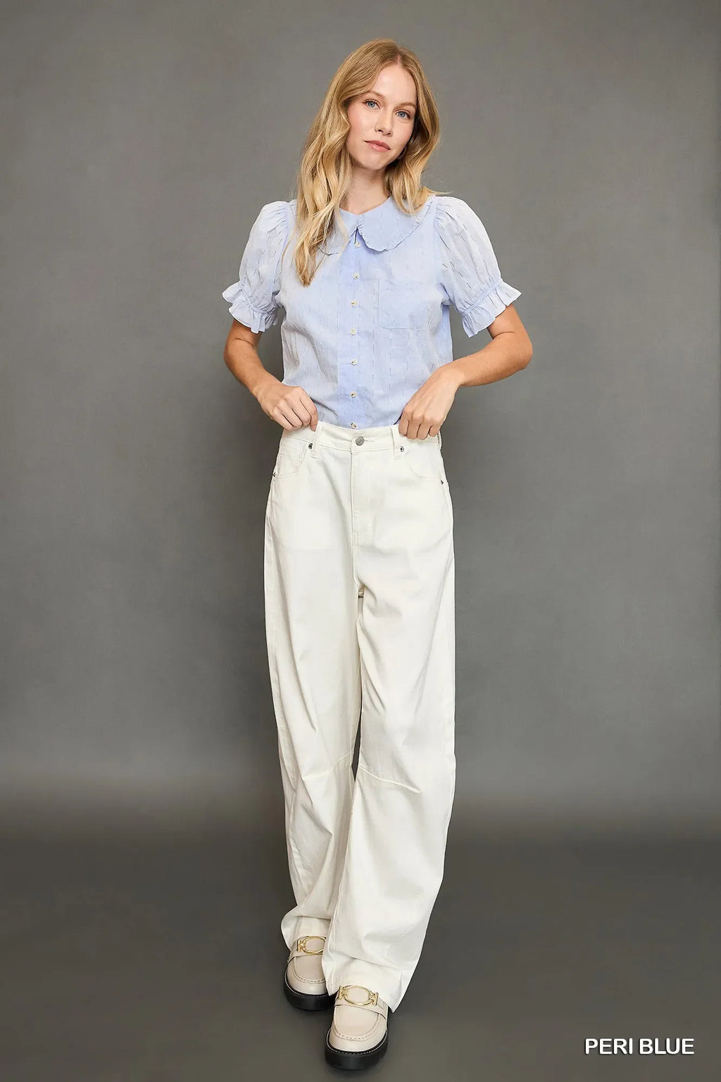 Umgee Peter Pan Collared Button Down Textured Shirt with Ruffled Detail