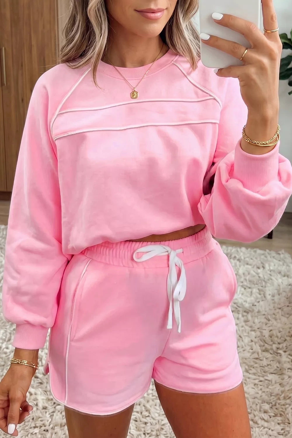 Piping Trim Long Sporty Pullover Drawstring Elastic Waist Shorts Set