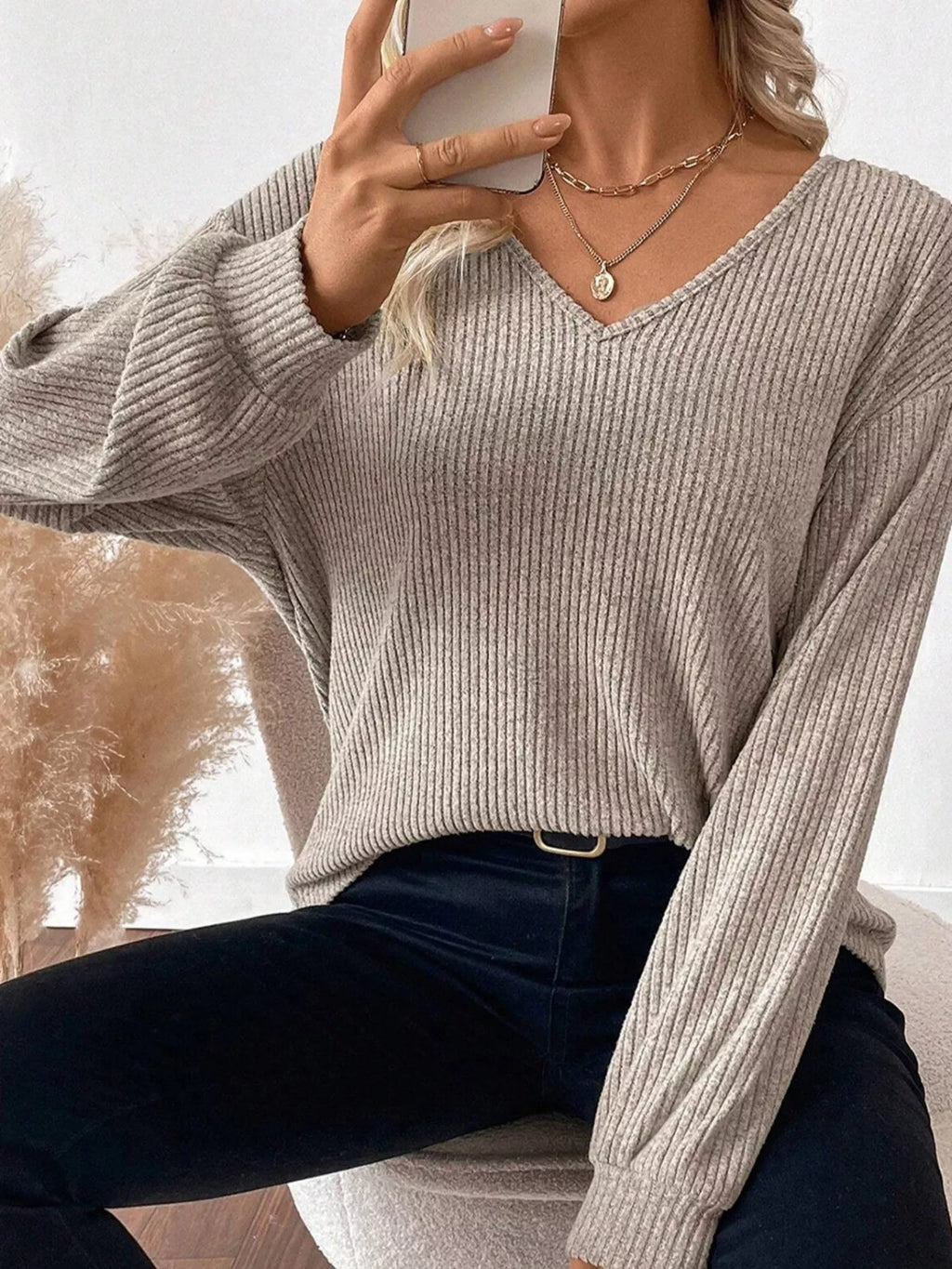 Ribbed V Neck Contrast Ribbon Bow Back Drop Shoulder Long Sleeve Top