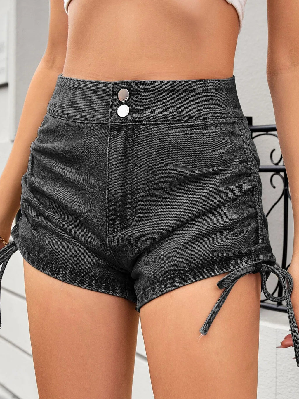 Ruched Side Drawstring Denim Shorts