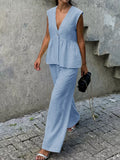 One Button Top and Wide Leg Pants Set