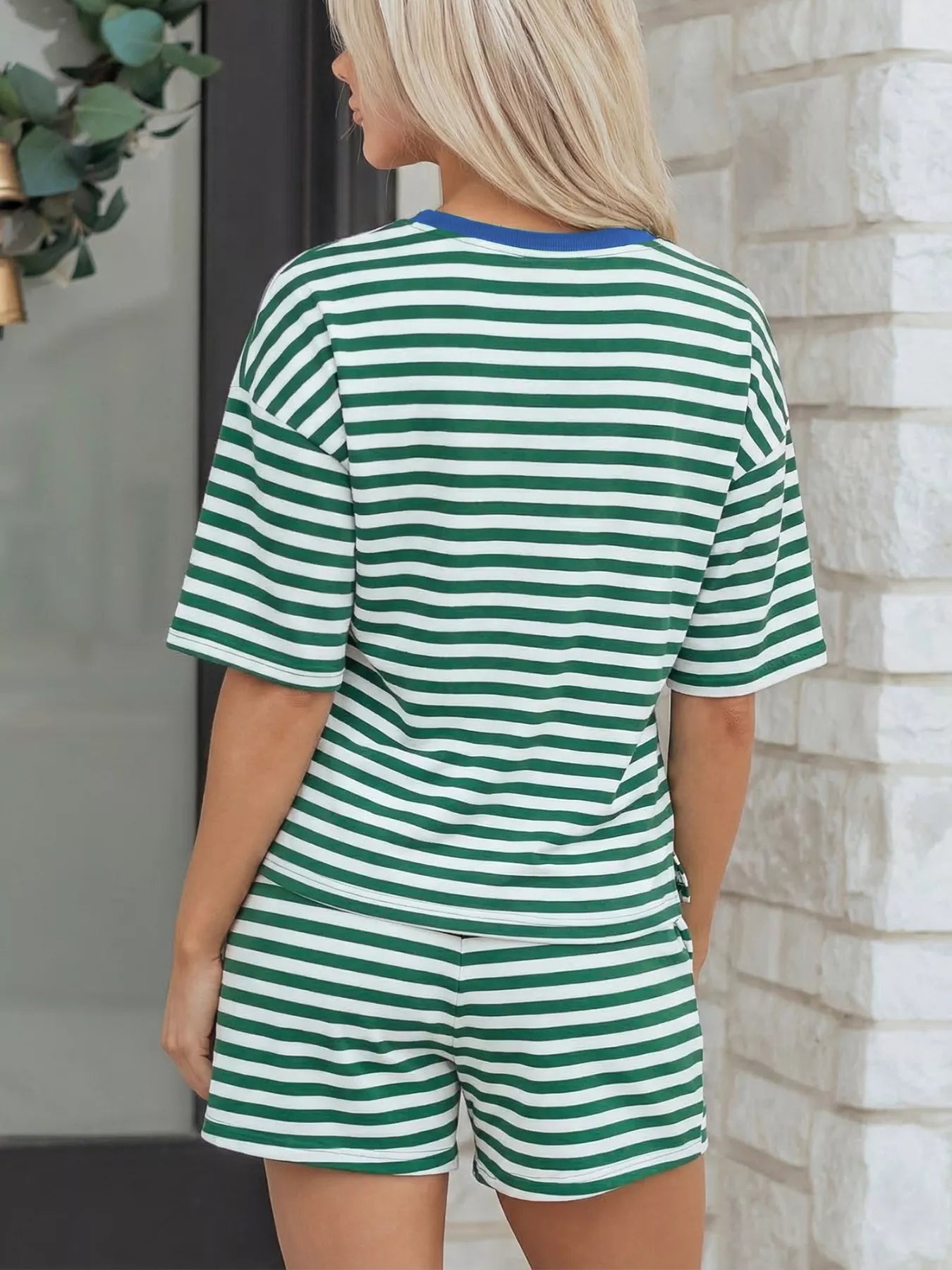 Stripe Boxy Tee and Drawstring Elastic Waist Shorts Set