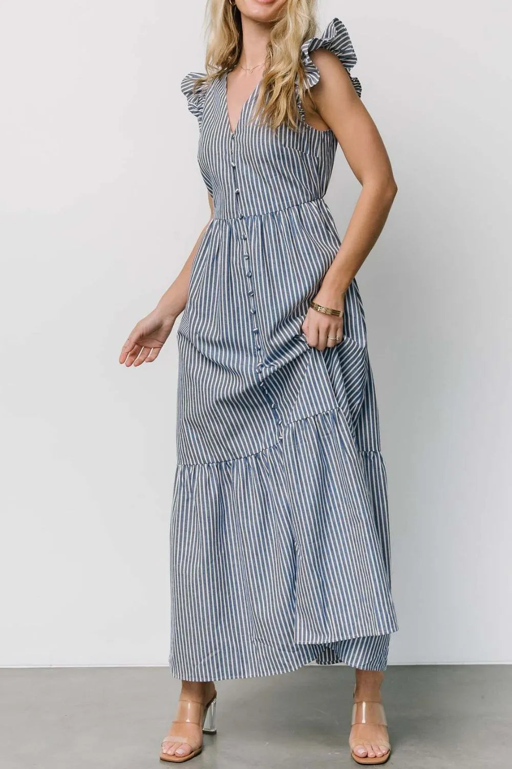 Slit Striped V-Neck Ruffled Cap Sleeve Dress