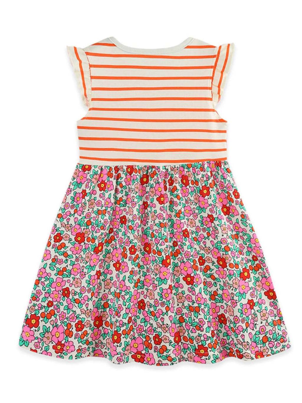 Children's Striped Floral Print Ruffle Sleeve Dress