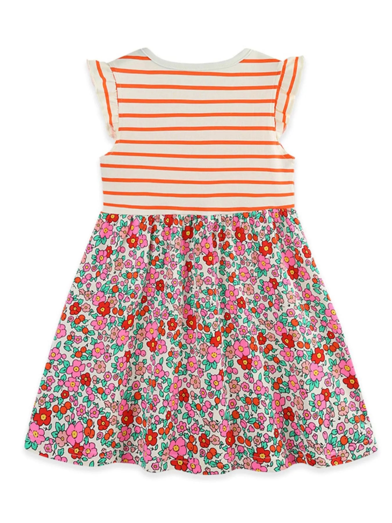 Children's Striped Floral Print Ruffle Sleeve Dress