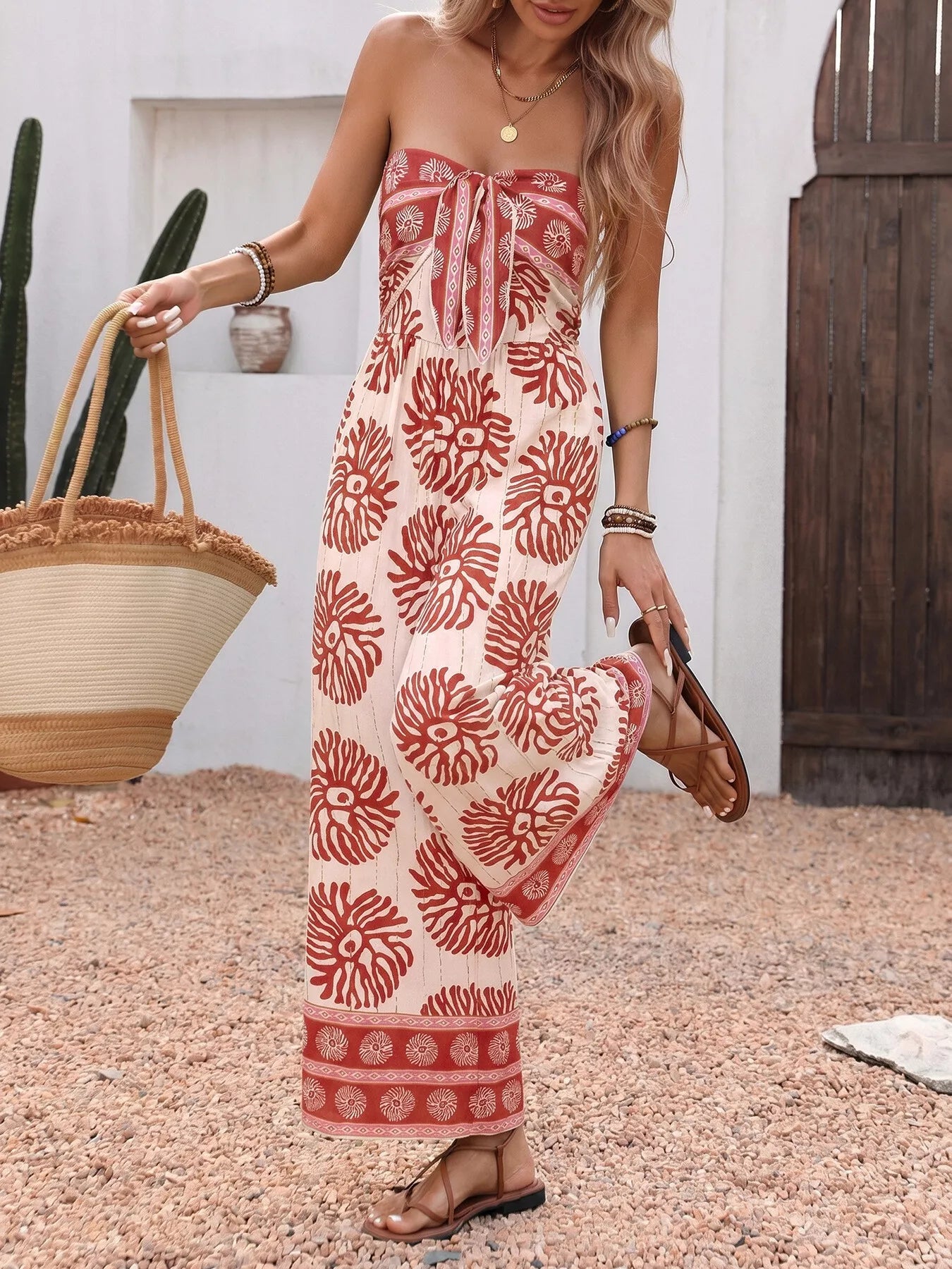 Floral Print Strapless Wide Leg Jumpsuit