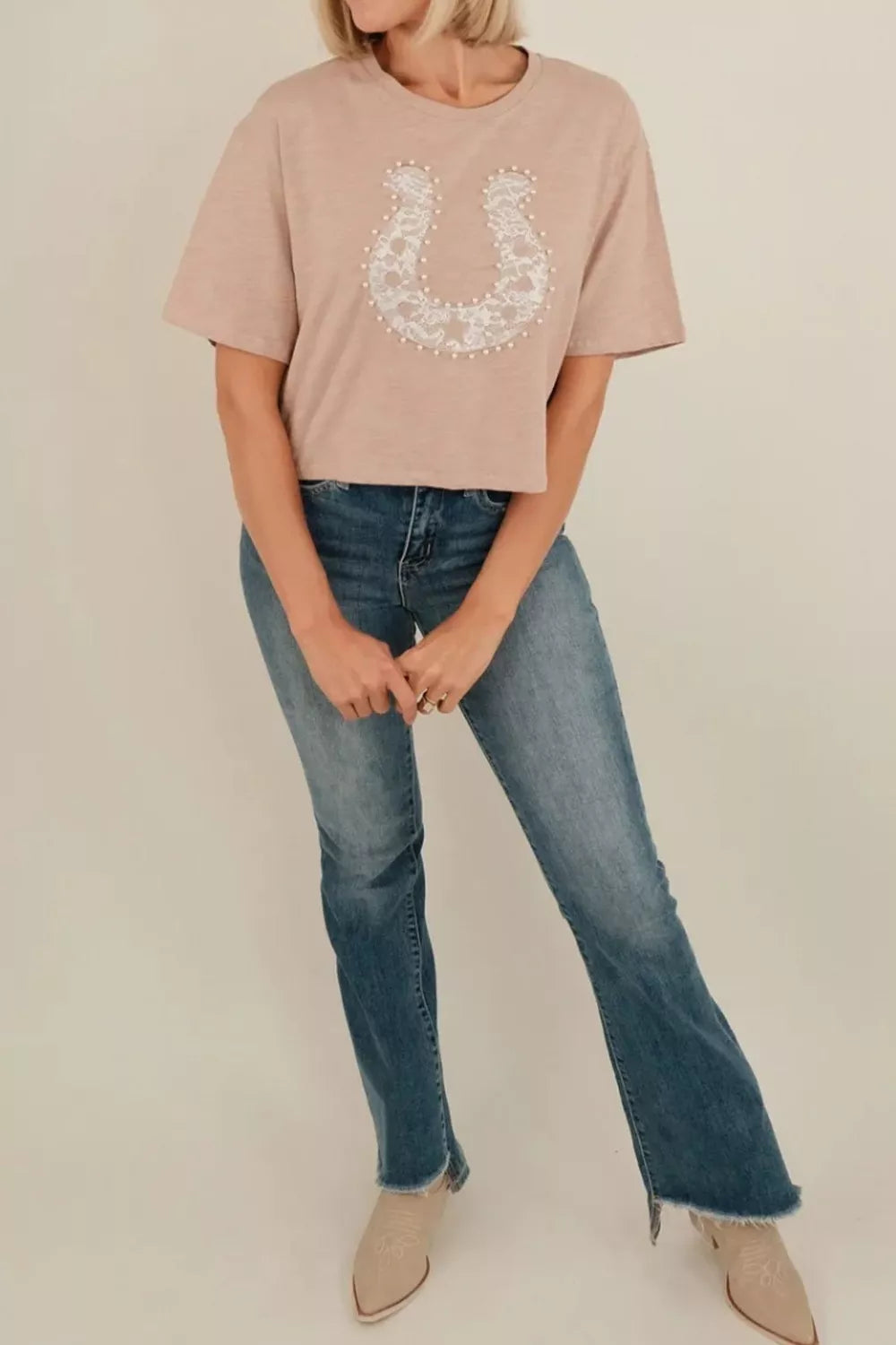 Horseshoe Lace Pearl Detail T-Shirt