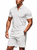 Men's Full Size Textured Short Sleeve Polo and Shorts Set Plus Size
