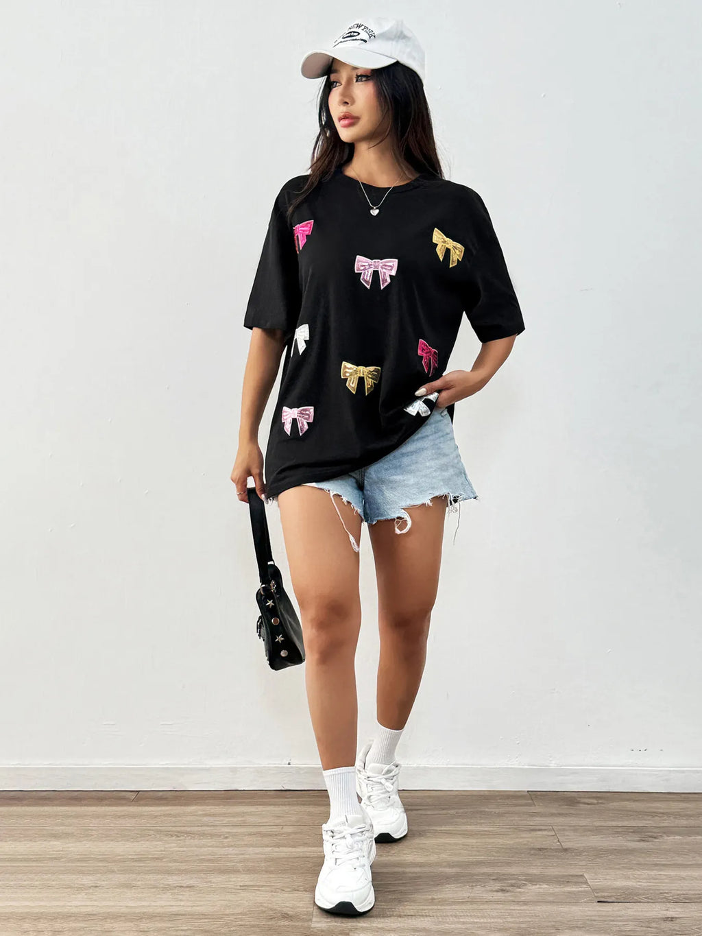 Sequin Bow Round Neck Short Sleeve T-Shirt