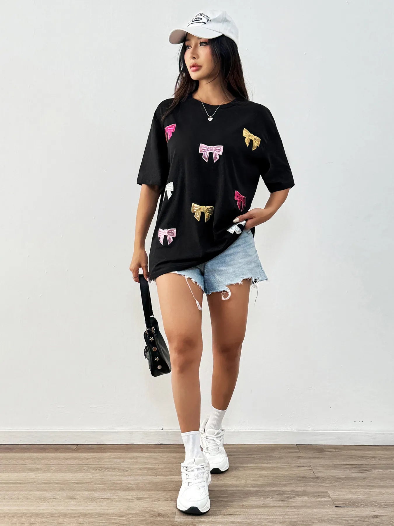 Sequin Bow Round Neck Short Sleeve T-Shirt