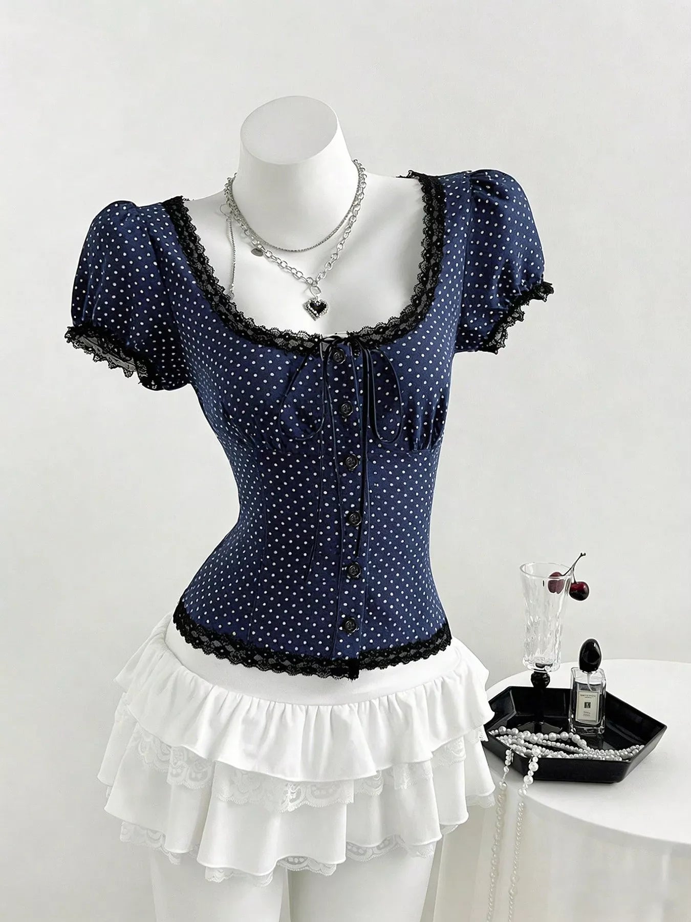 Polka Dot Lace Trim Puff Sleeve Top