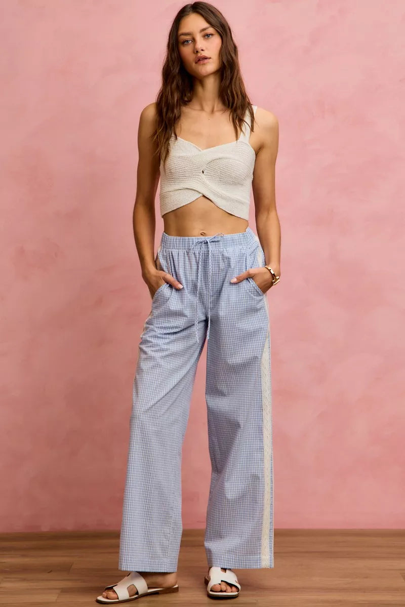 SO ME Wide Check  Pants With Side Lace Trim And Piping