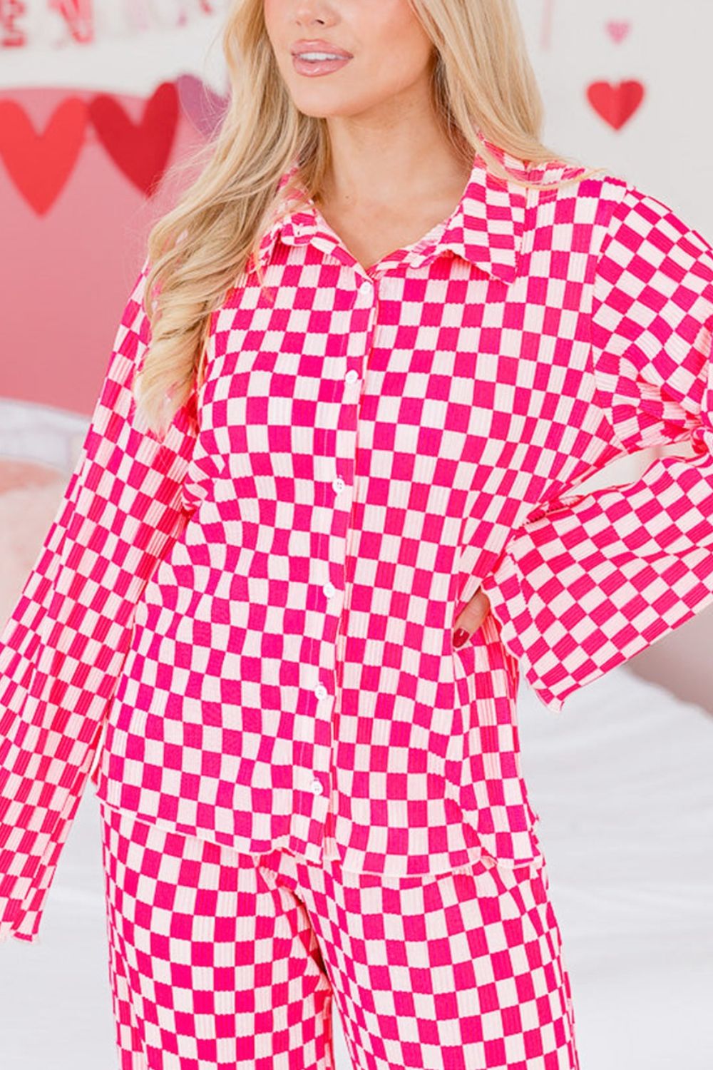 Checkerboard Print Long Sleeve Top and Pants Set