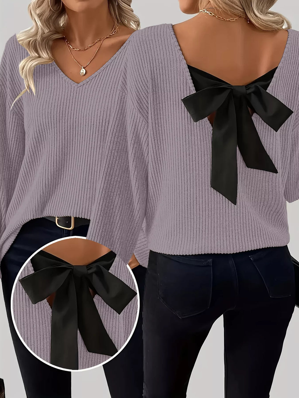 Full Size Ribbed Knit Backless Bow T-Shirt Plus Size