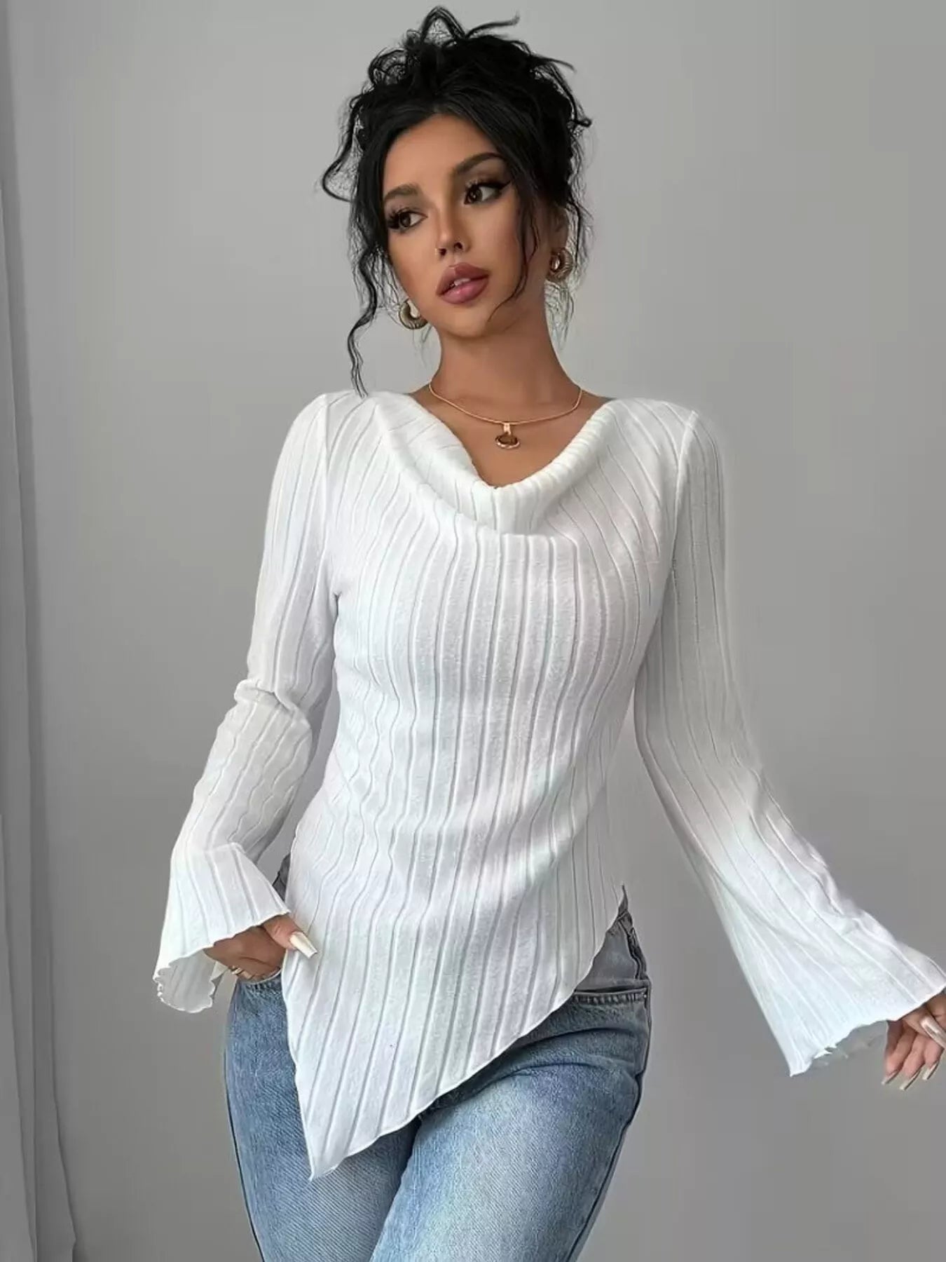 Cowl Neck Ribbed Knit T-Shirt