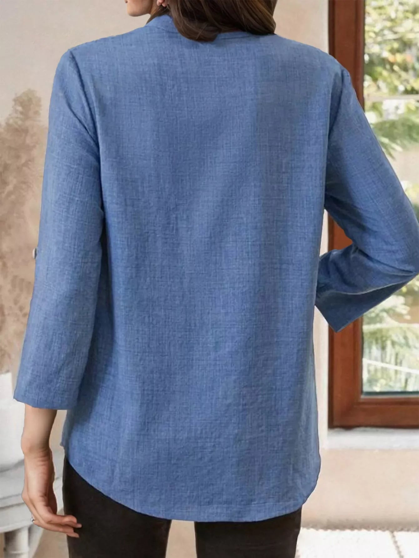 Casual Notched Roll-Up Sleeve Blouse