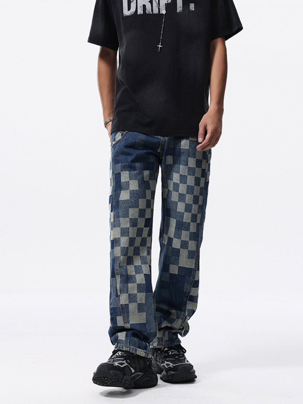 Men's Checkerboard Pattern Relaxed Fit Jeans