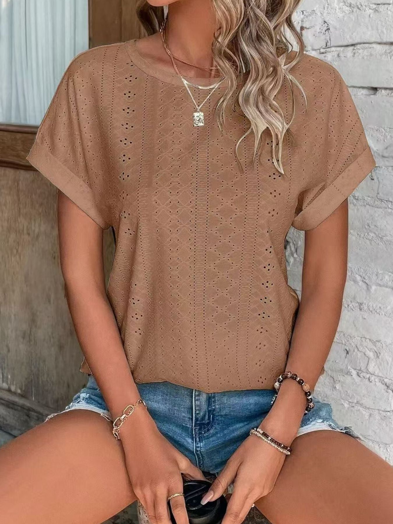 Eyelet Round Neck Short Sleeve Top
