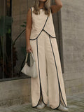 Contrast Trim Top and Wide Leg Pants Set