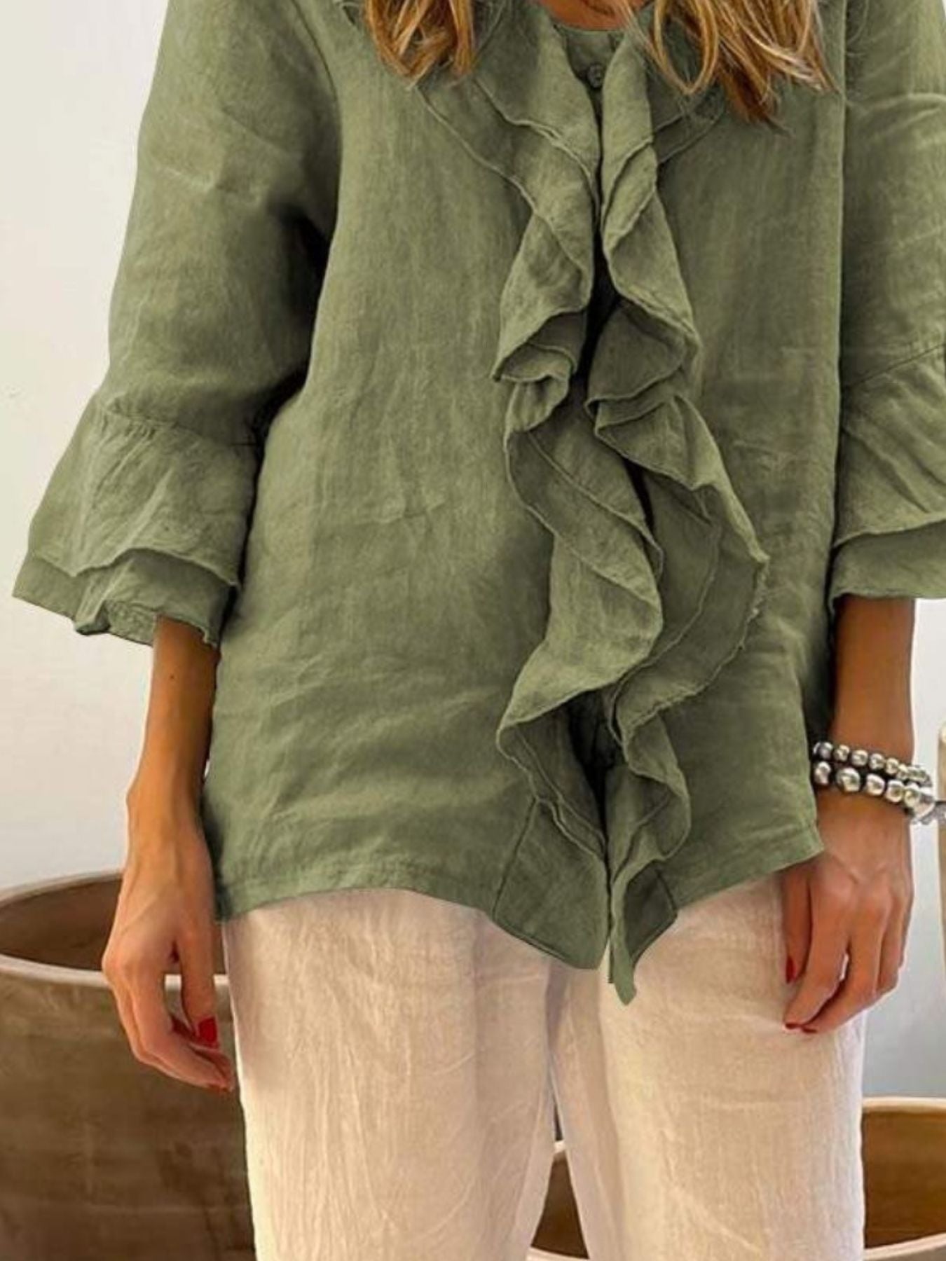 Full Size Ruffle Trim 3/4 Sleeve Blouse Plus Size