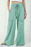 Mineral Wash Exposed Seam Drawstring High Waist Wide Leg Cargo Pants