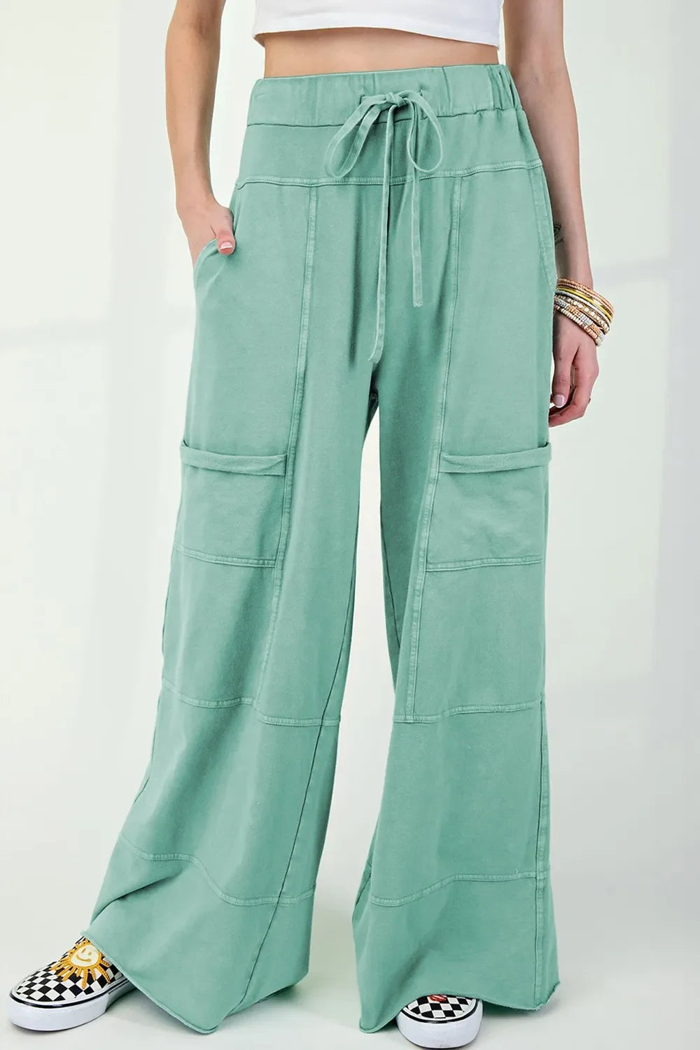 Mineral Wash Exposed Seam Drawstring High Waist Wide Leg Cargo Pants