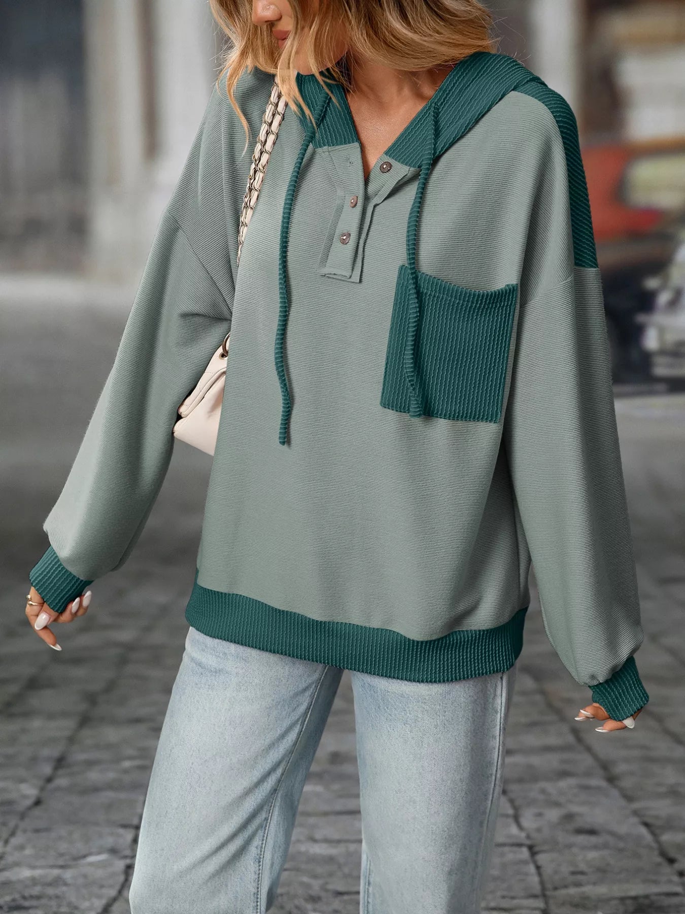 Casual Color Block Button Detail Hoodie