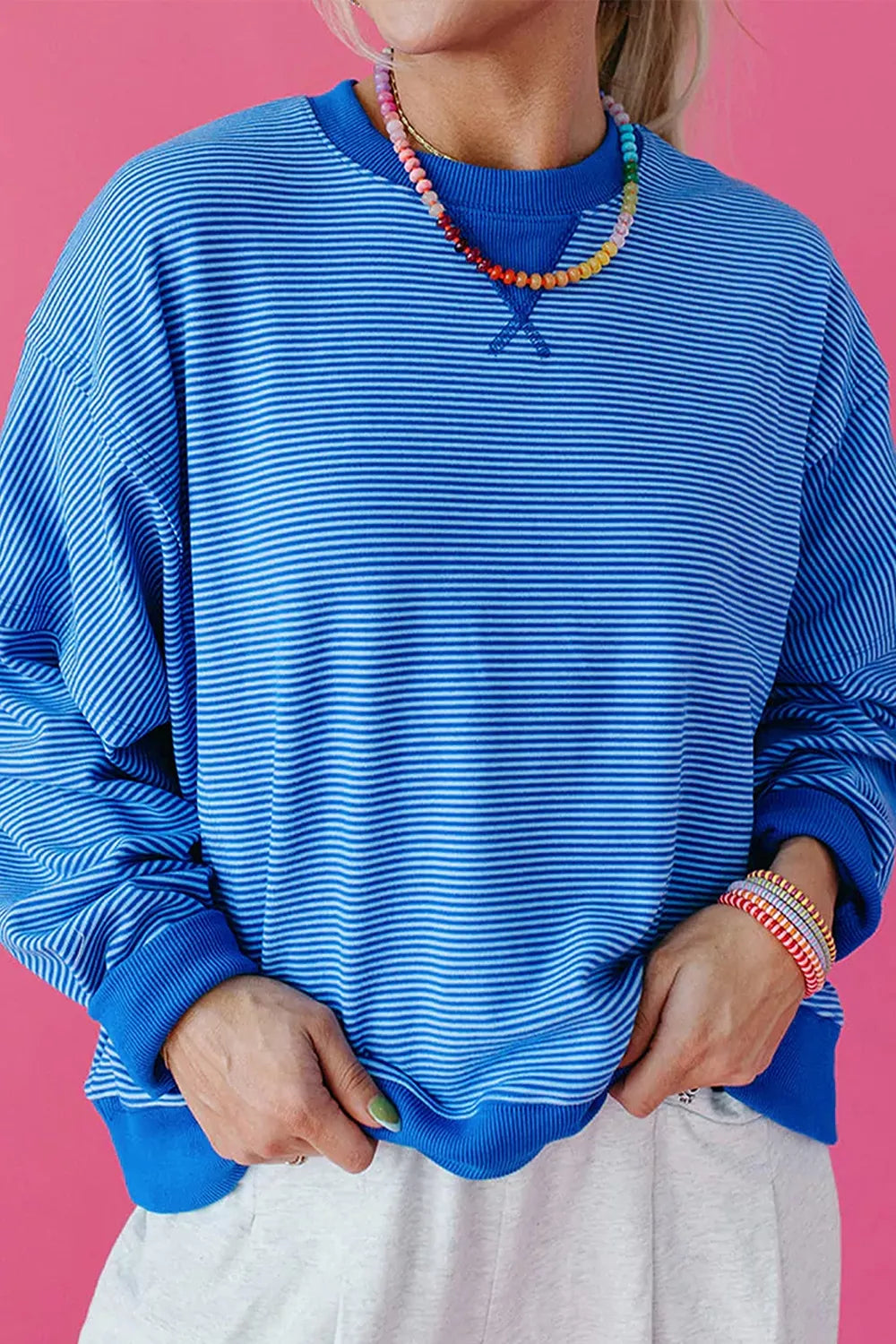 Stripe Ribbed Cuffs Hem Long Sleeve Pullover Top