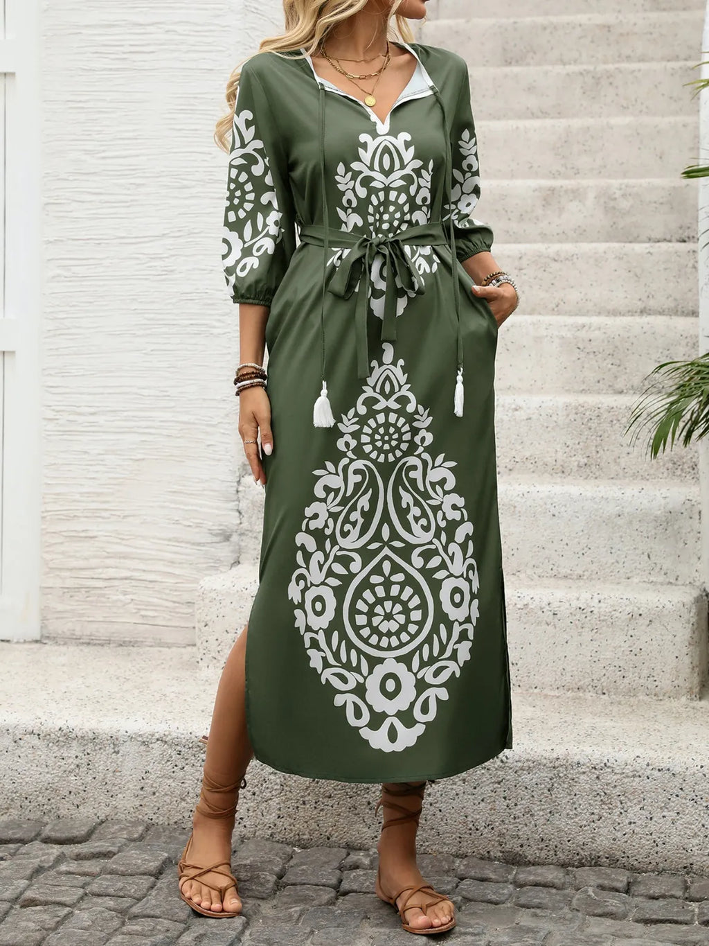 Side Slit Printed Tie Neck Dress