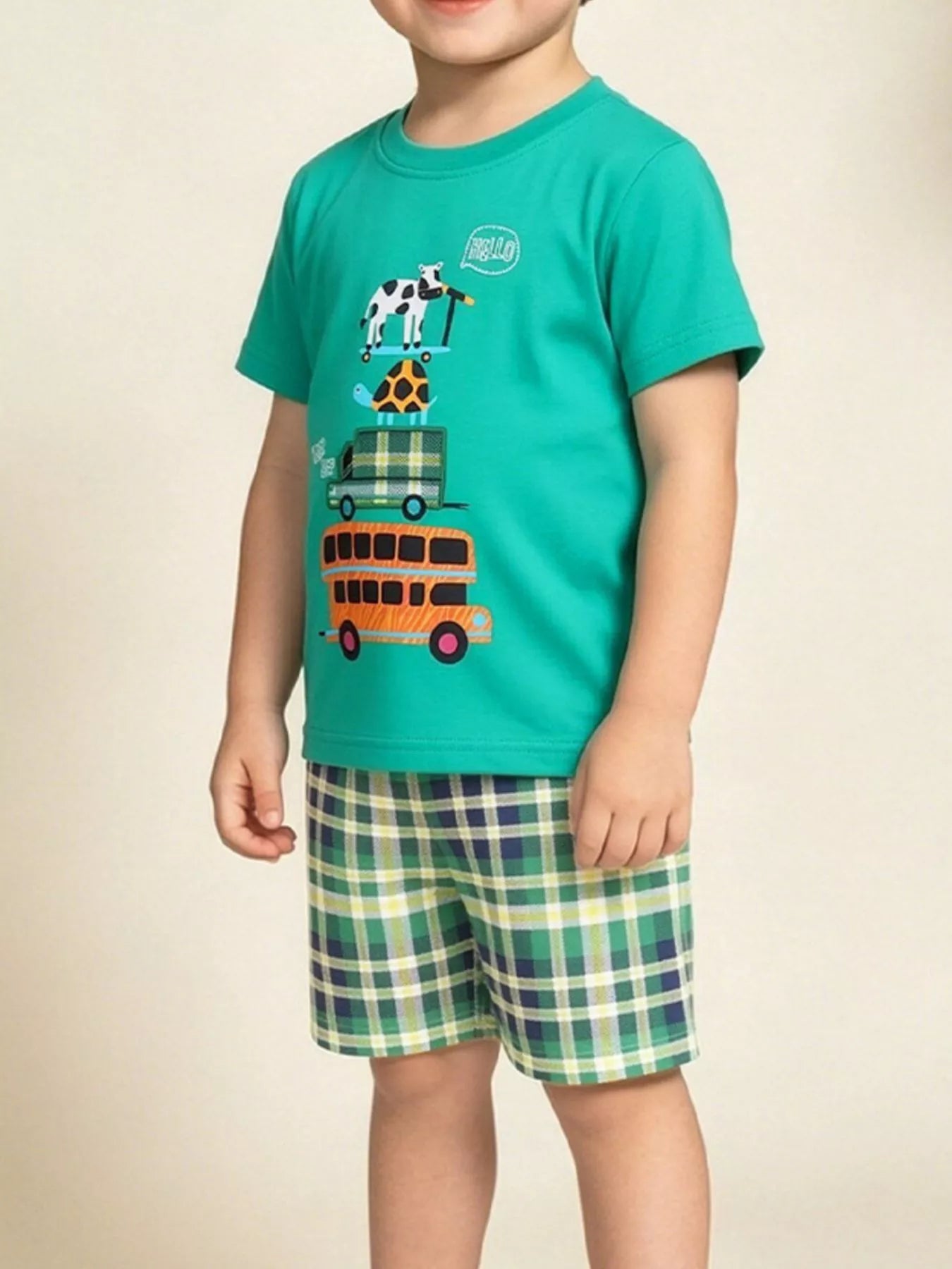 Children's Playful Vehicle Print T-shirt and Plaid Shorts Set