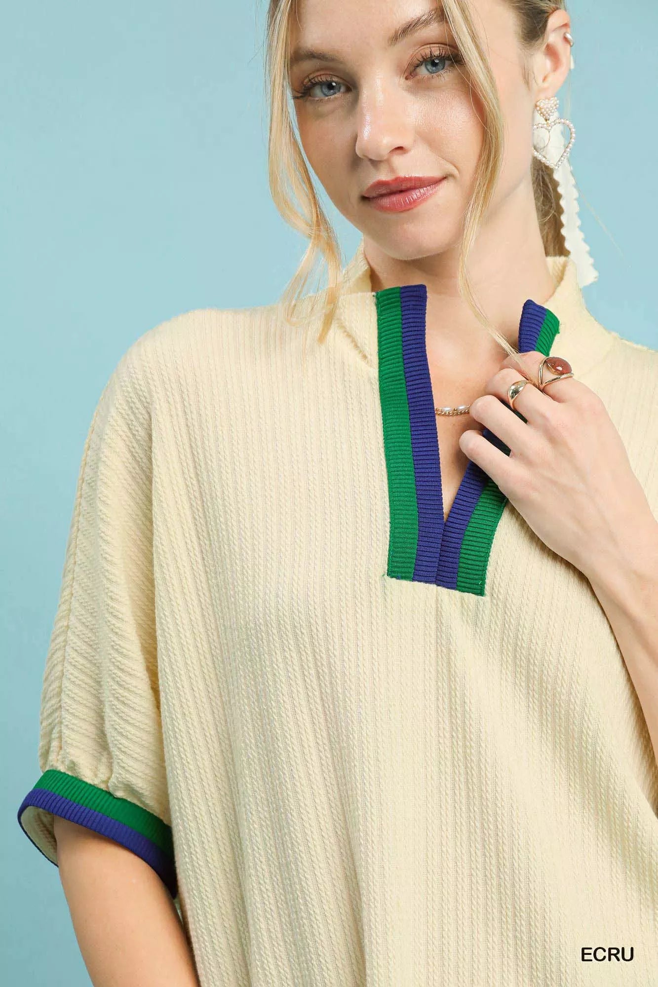 Umgee Textured Knit Top with Striped Contrast Trim