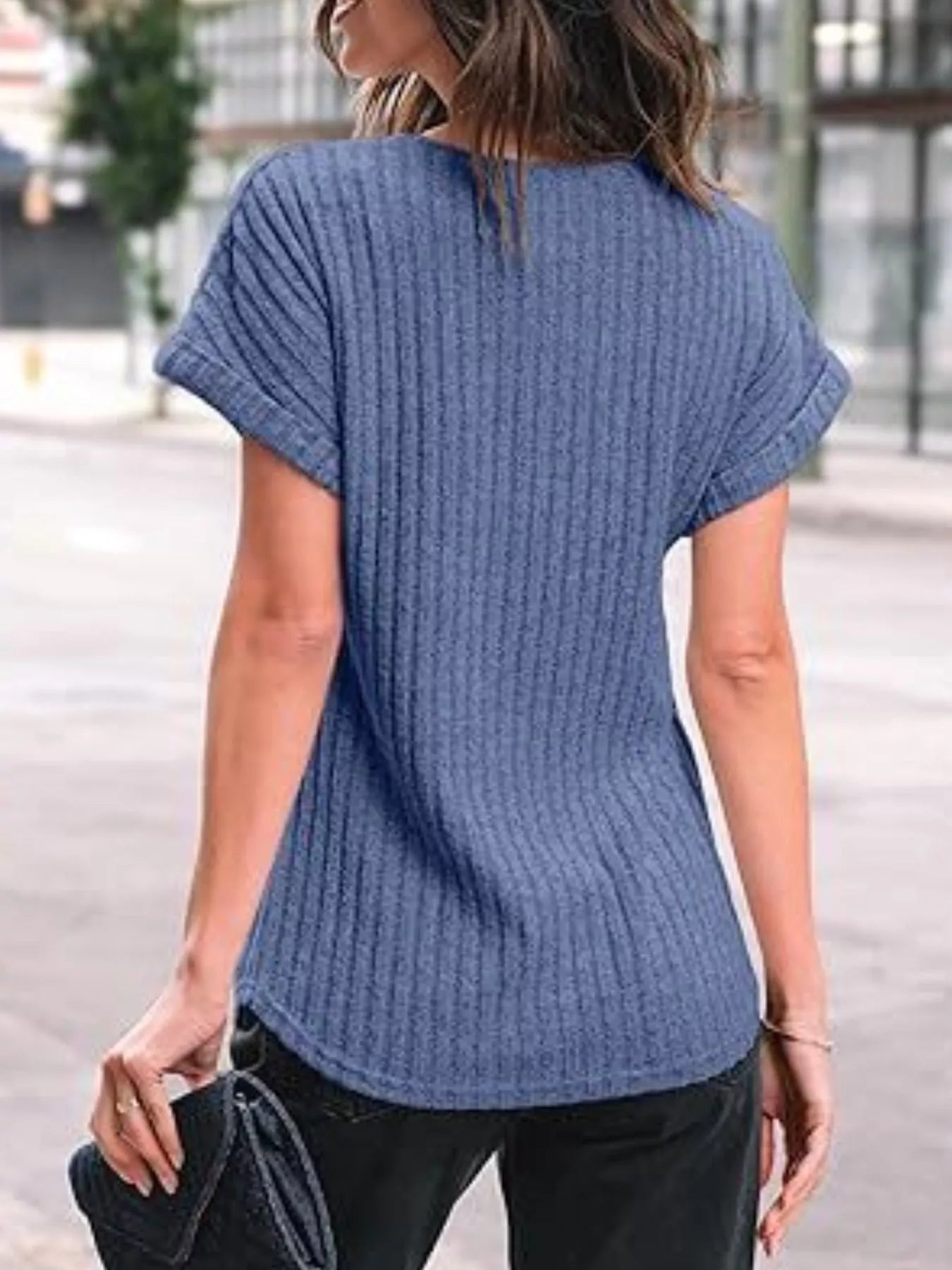 Casual Ribbed Knit Short Sleeve T-Shirt