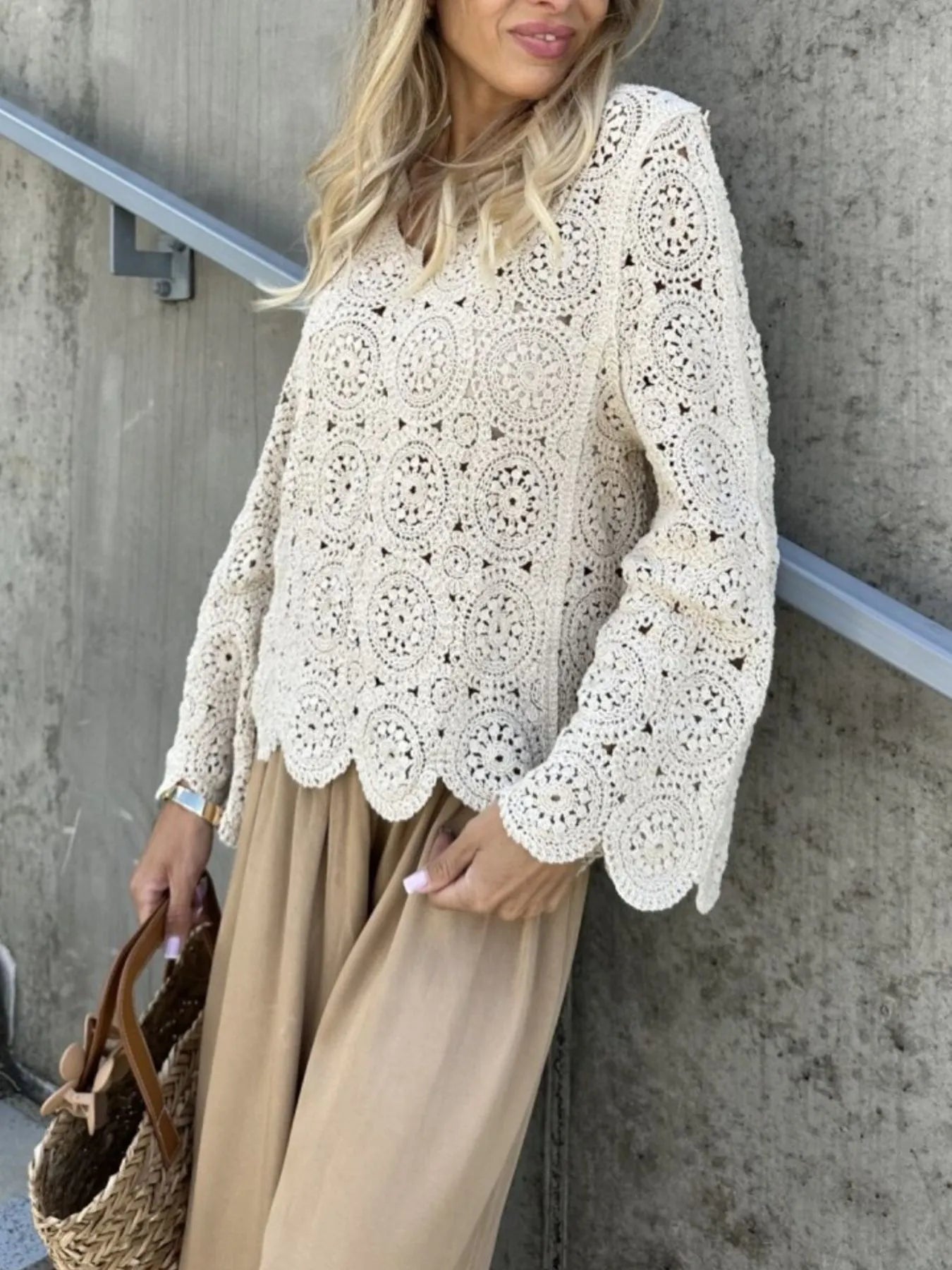 Crochet Lace V-Neck Bell Sleeve Knit Top