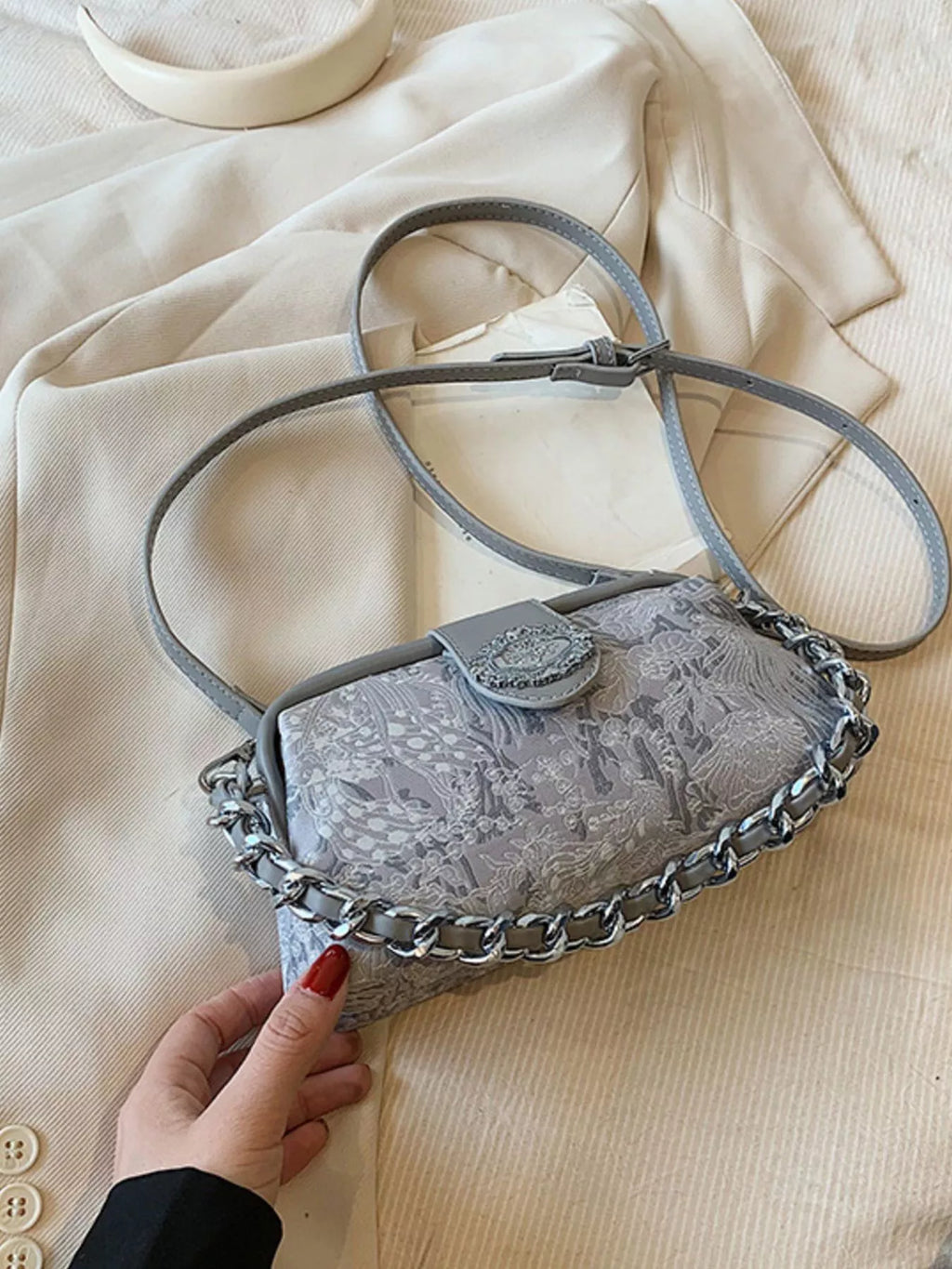 Embroidered Chain Crossbody Bag