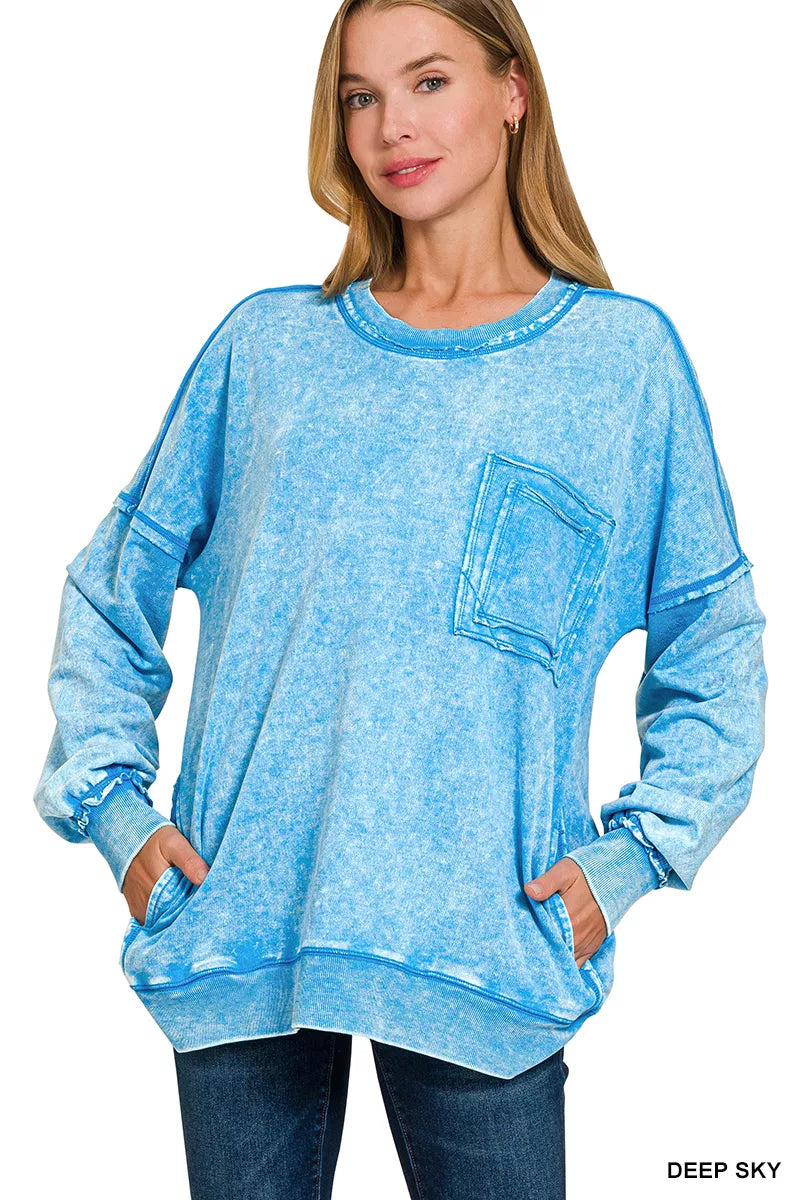 Zenana Acid Wash Raw Edge French Terry Sweatshirt with Front Pocket