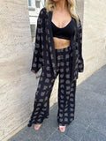 Open Front Cat Print Shirt and Pants Set