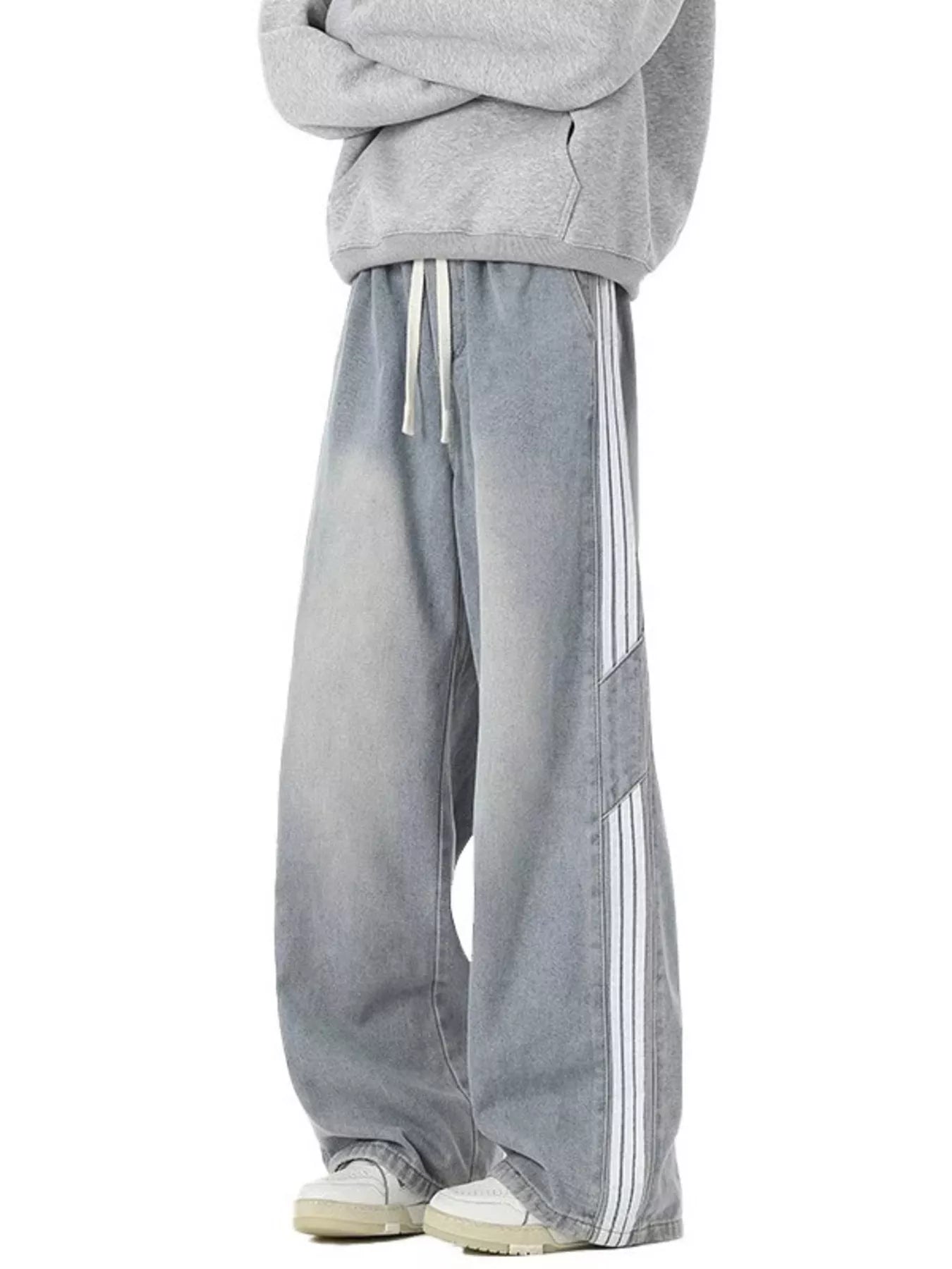 Men's Full Size Wash Wide-Leg Jeans with Stripe Plus Size