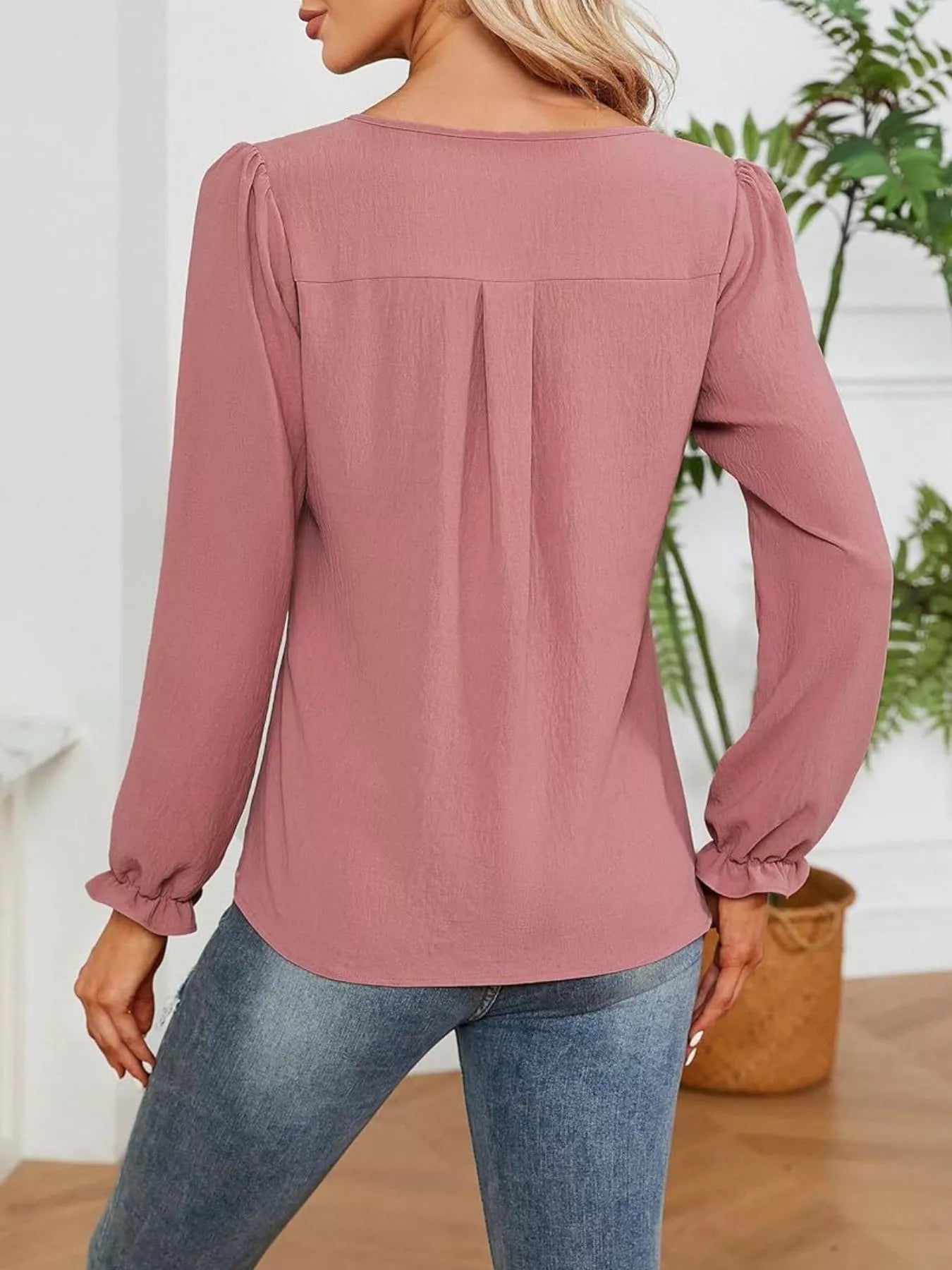 Notched Ruffle Cuff Blouse