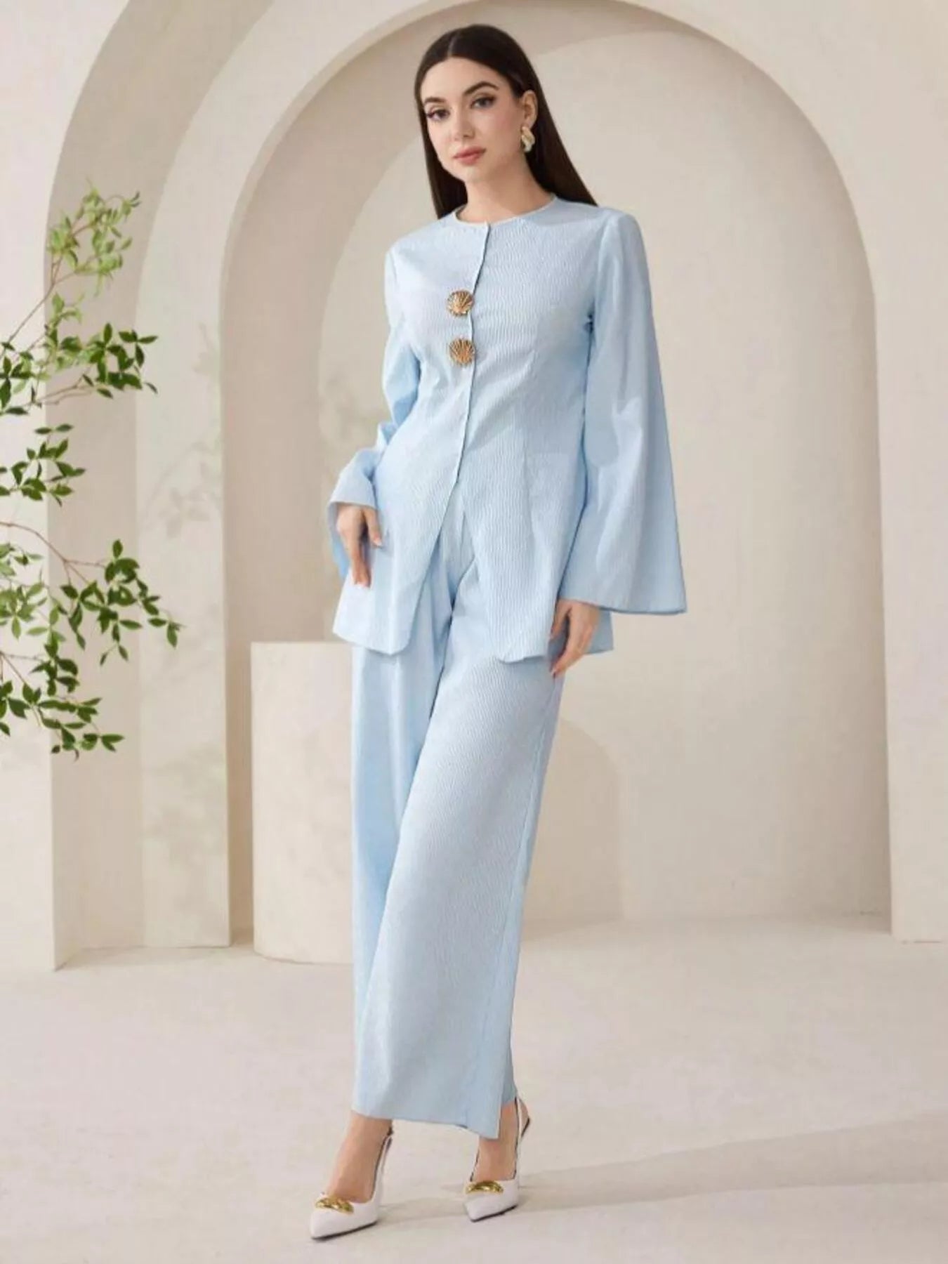 Shell Button Long Sleeve Shirt and Pants Set
