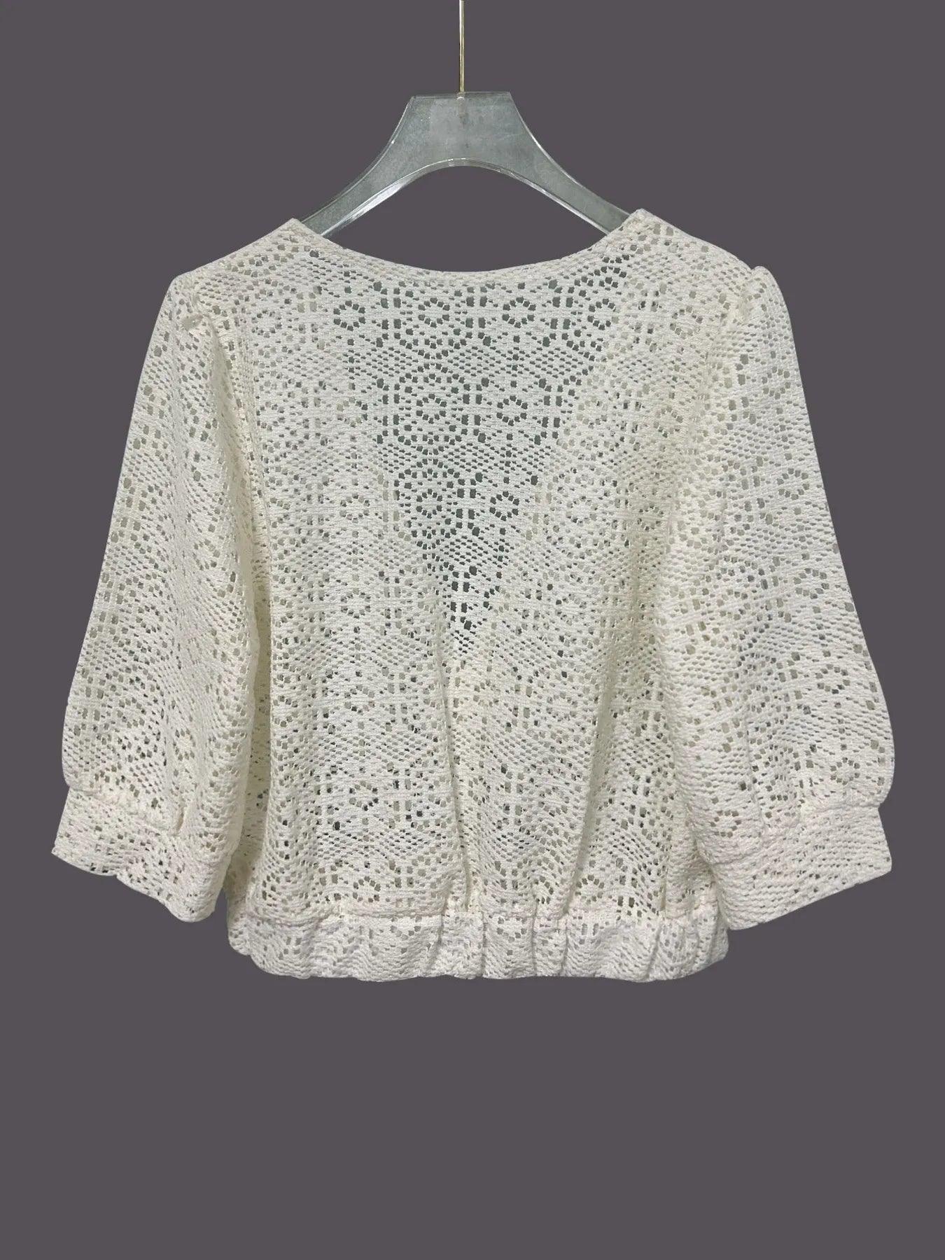 Ruched V-Neck Openwork Crop Knit Top