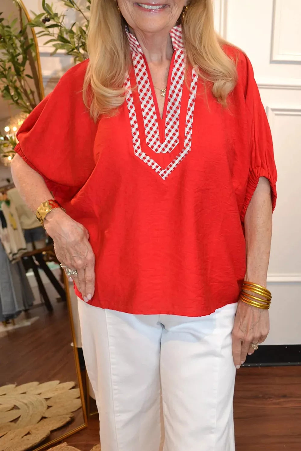 V Neck Plaid Collar Short Sleeve Tunic Blouse
