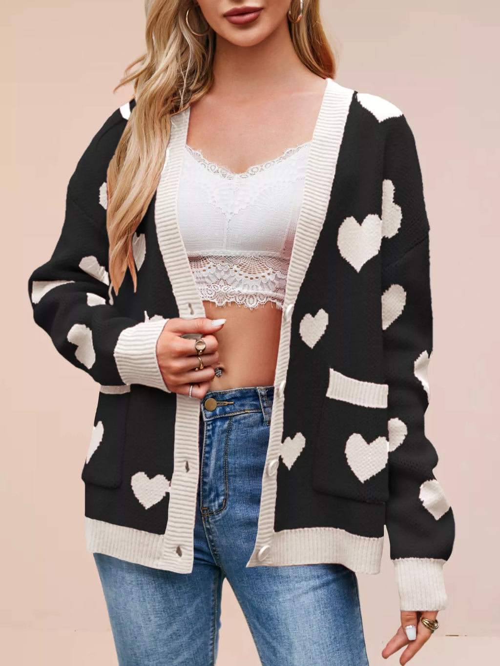Heart Pattern Button-Up Knit Cardigan