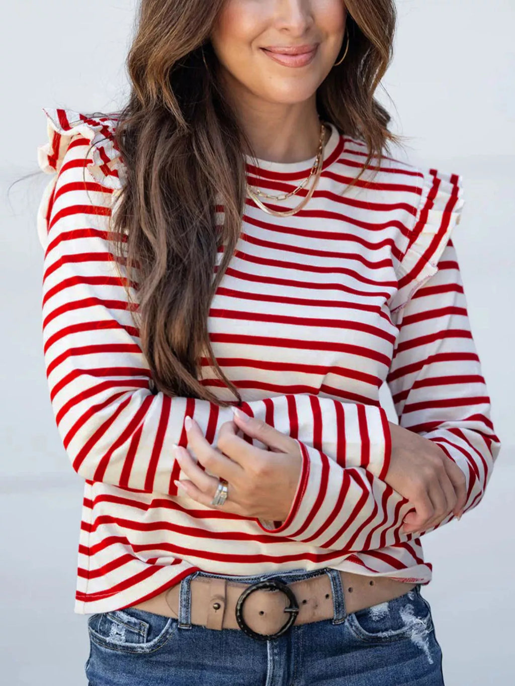 Stripe Round Neck Ruffle Trim Long Sleeve Top
