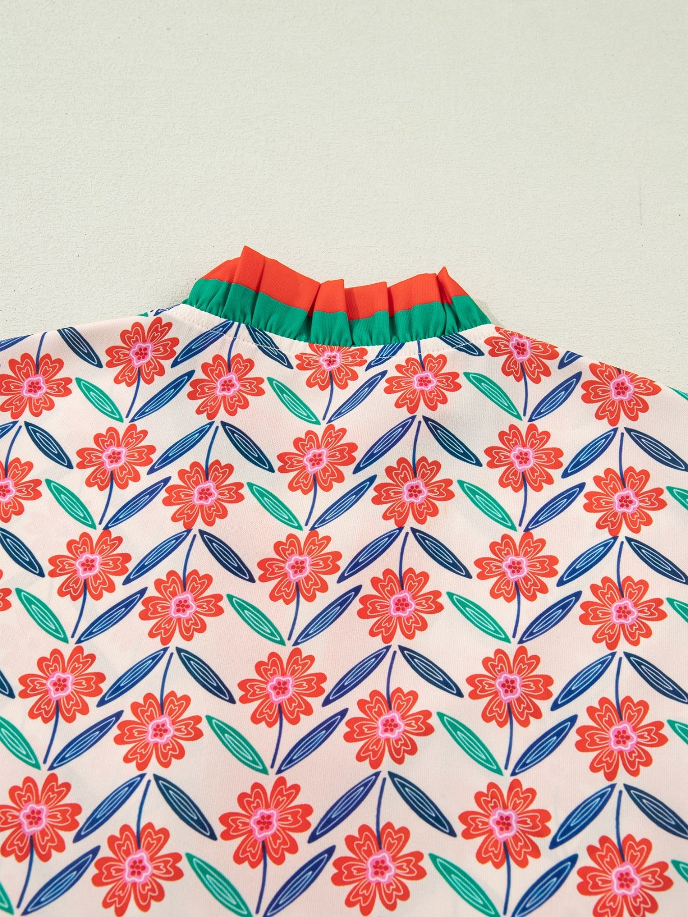 Floral Print Striped Detail V Neck Ruffled Short Sleeve Blouse