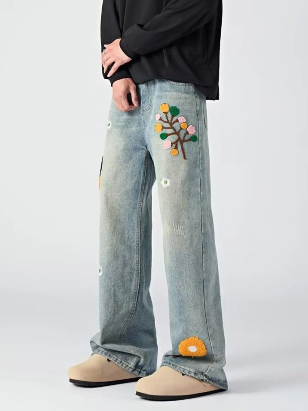 Men's Embroidered Wide Leg Jeans