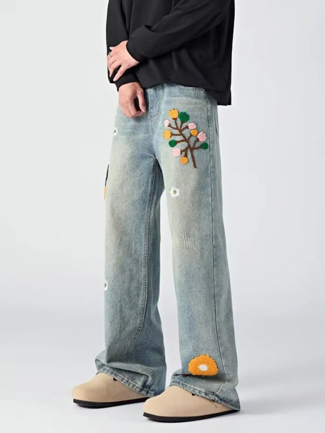 Men's Embroidered Wide Leg Jeans